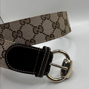 GUCCI Monogram Canvas Belt with Gold Buckle - Brown/Tan